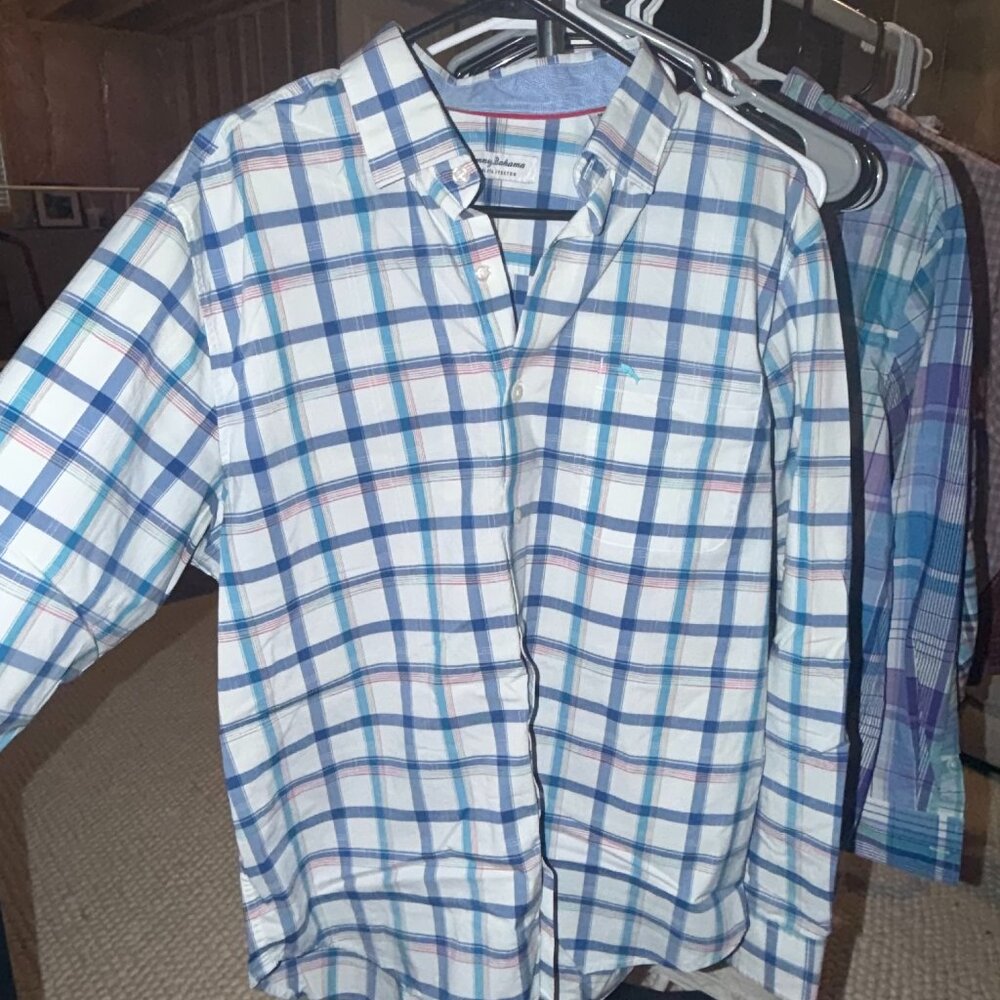 Tommy Bahama Button Up Shirt Men Medium Blue Plaid Long Sleeve Casual